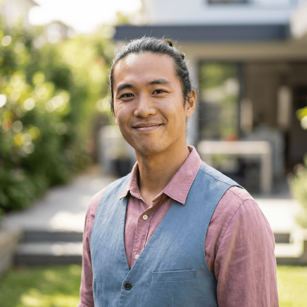 Marcus Chen in a business casual shirt in a modern office
