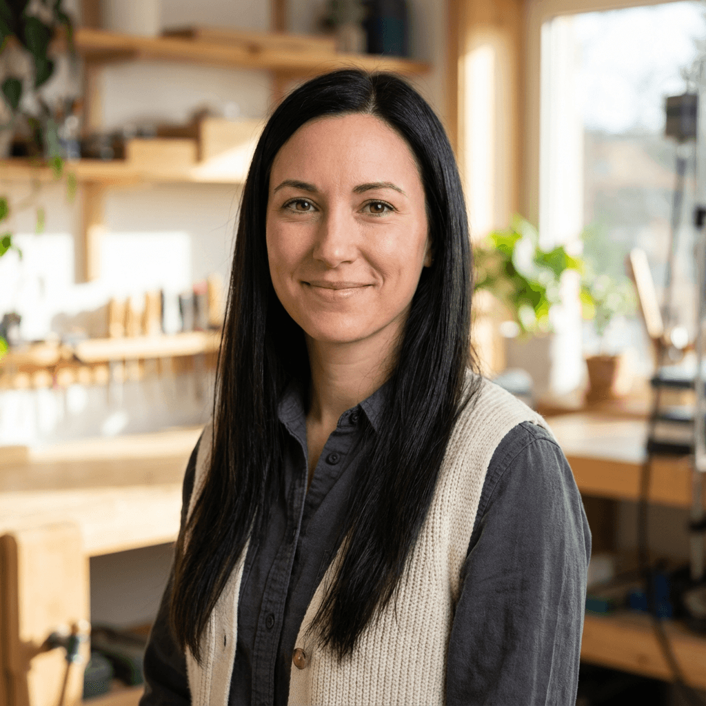 Sarah Mitchell in a casual sweater smiling in a bright apartment