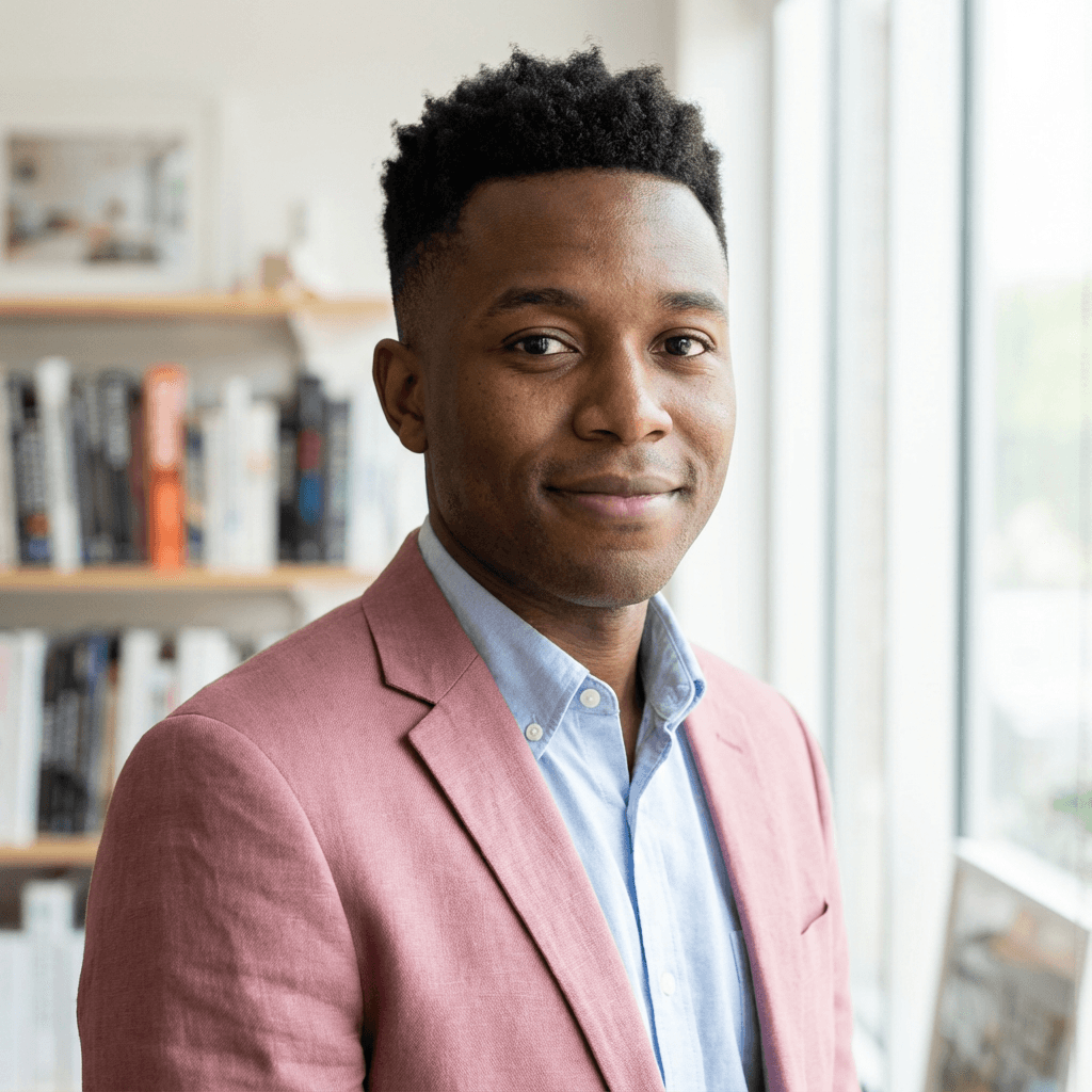 David Okonkwo in a casual button-up shirt in his store
