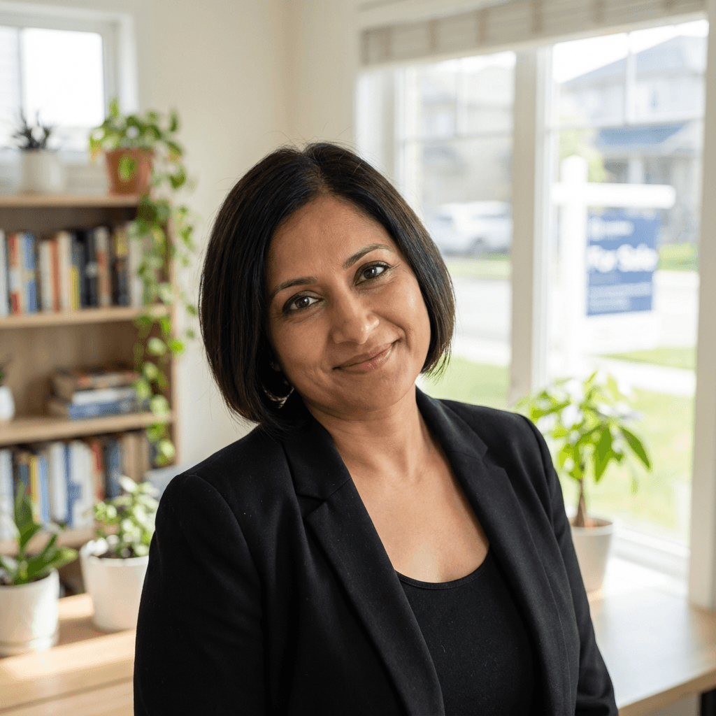 Priya Sharma standing in a modern office