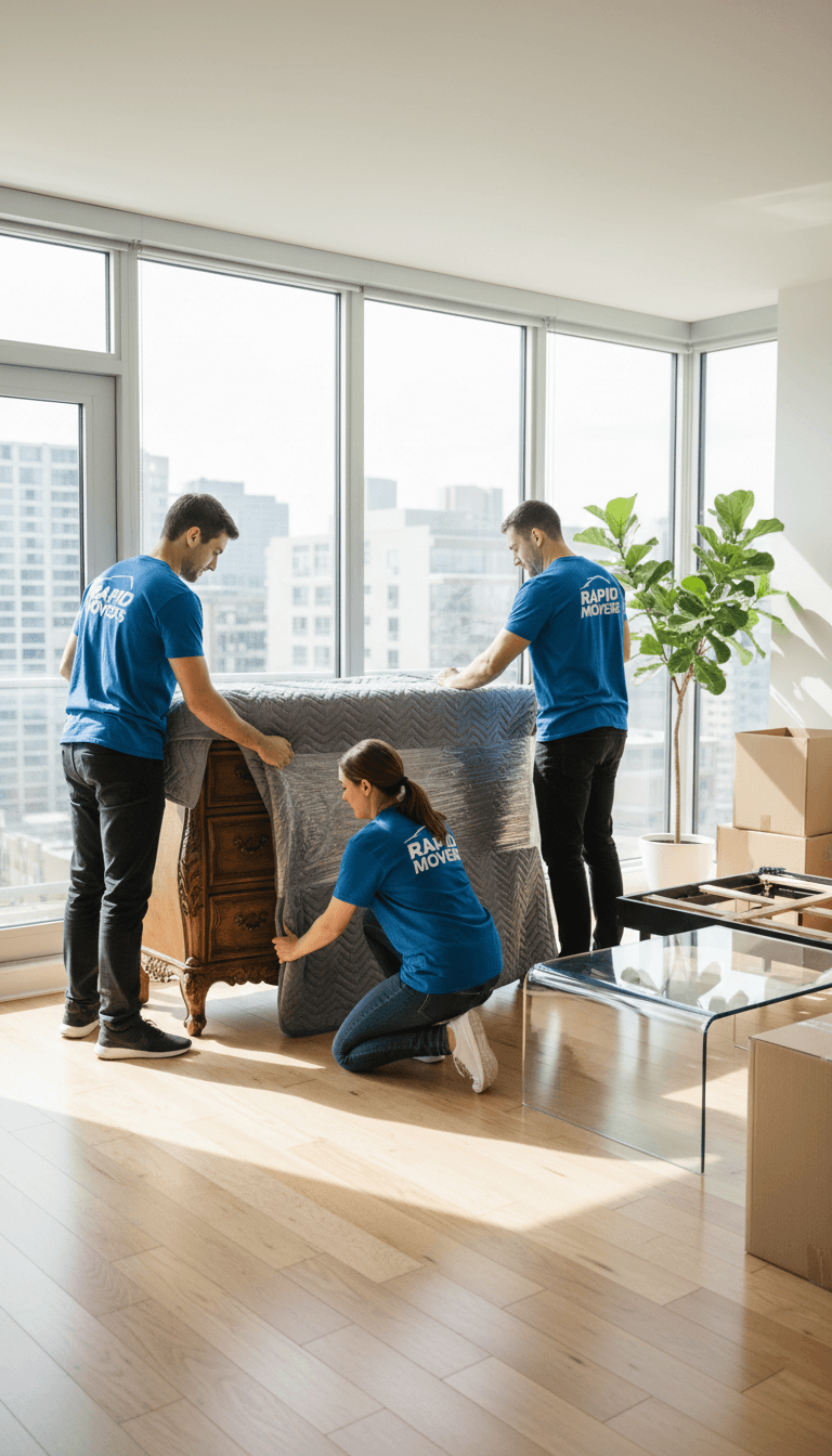 Mover wrapping furniture with protective blankets