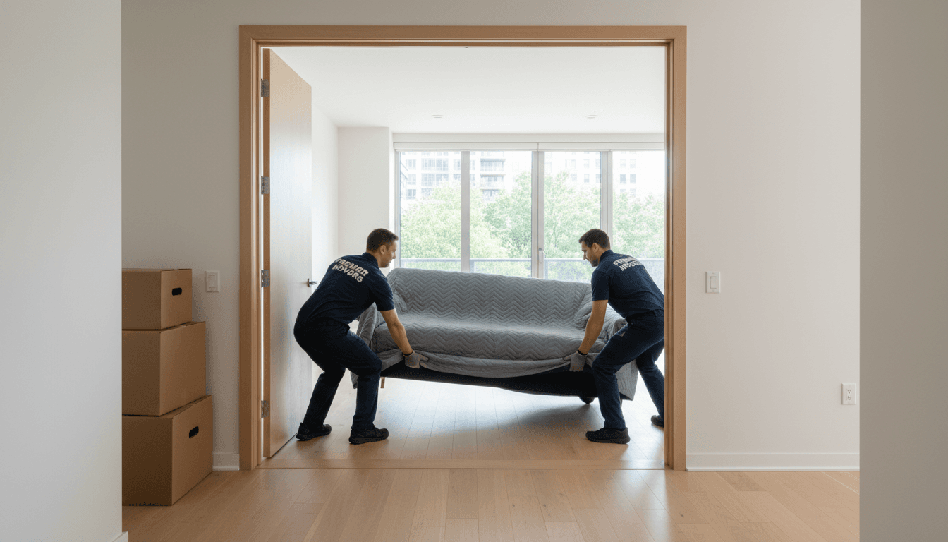 Mover carrying boxes through a Toronto apartment